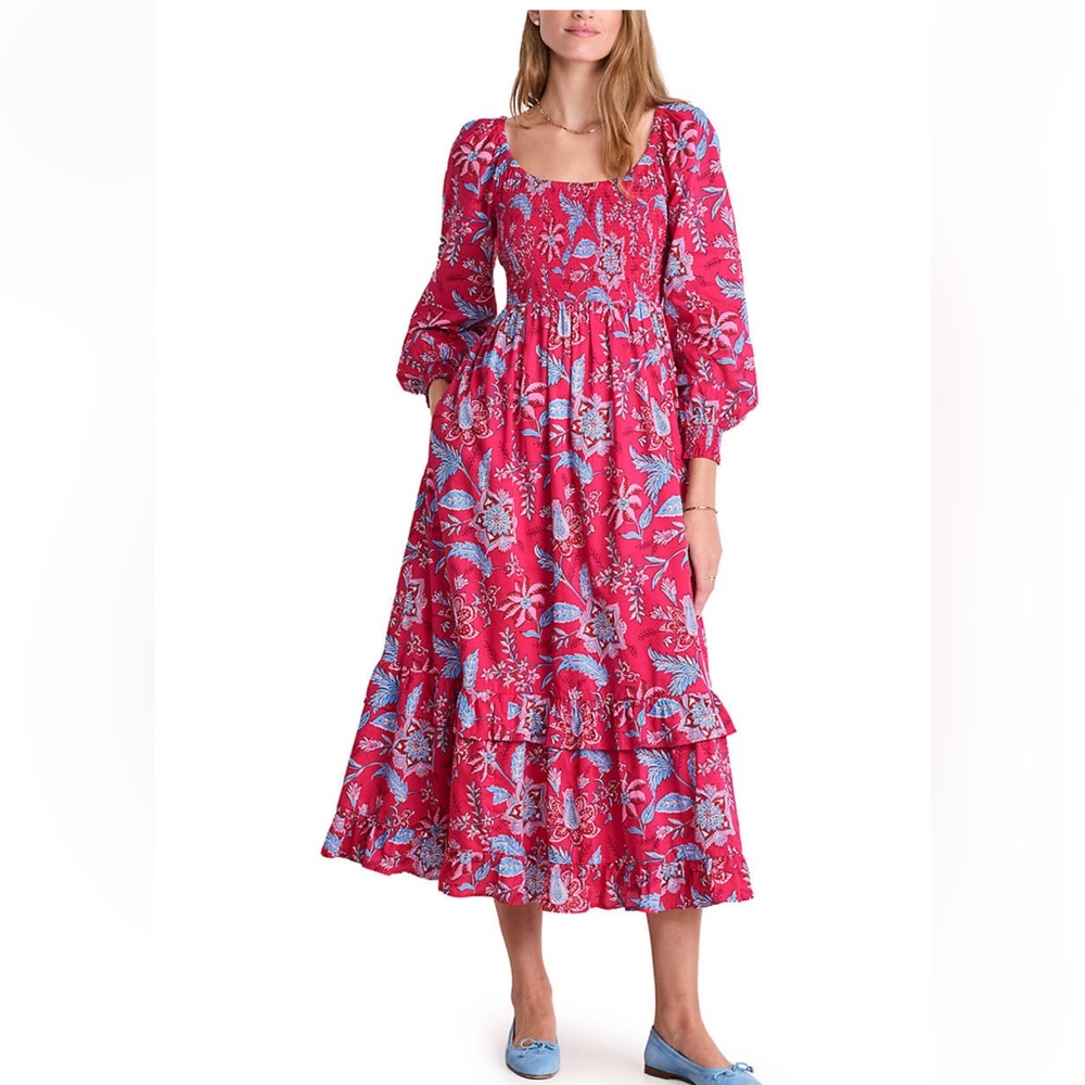 Vineyard Vines Women's Blouson Sleeve Printed Smocked Maxi Dress L